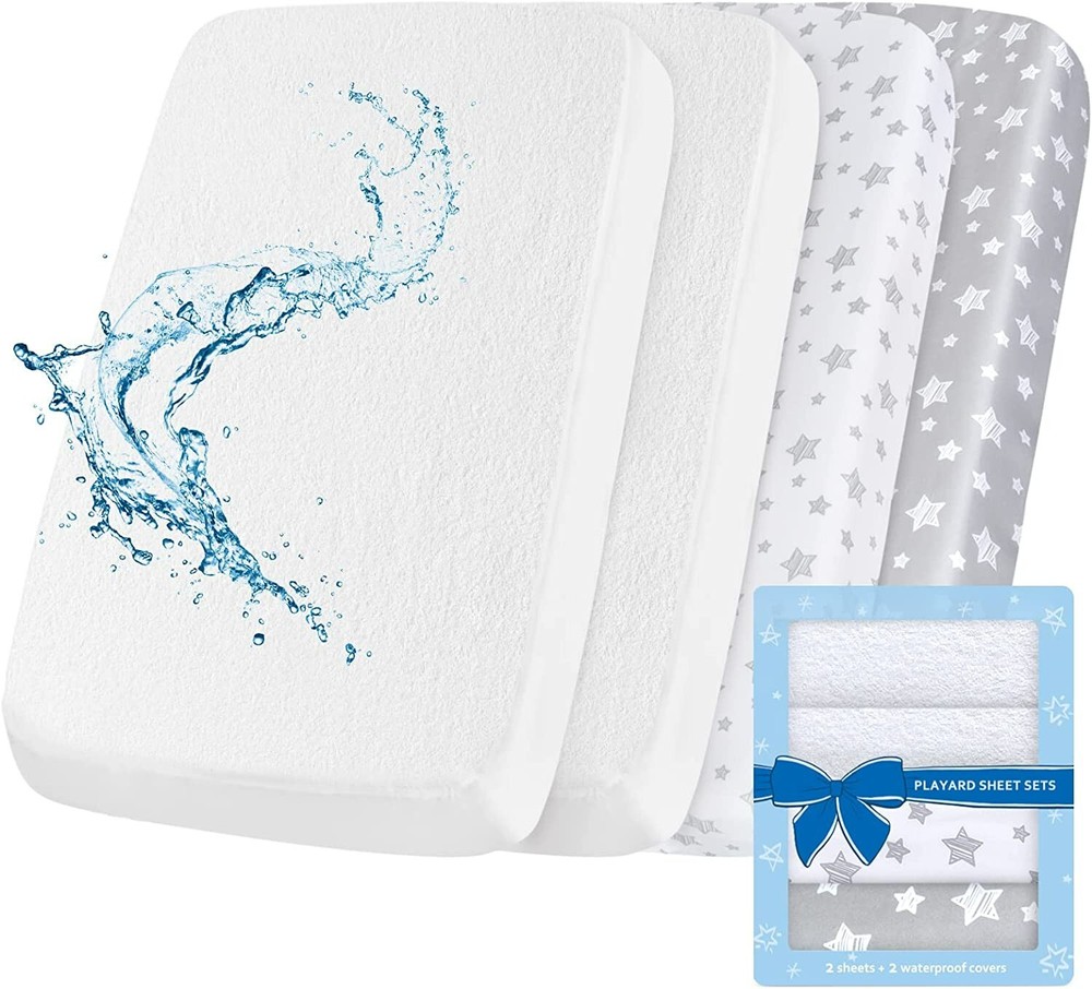 Mini Crib Sheets&Waterproof Bamboo Pack n Play Mattress Protector 4 Pack Set