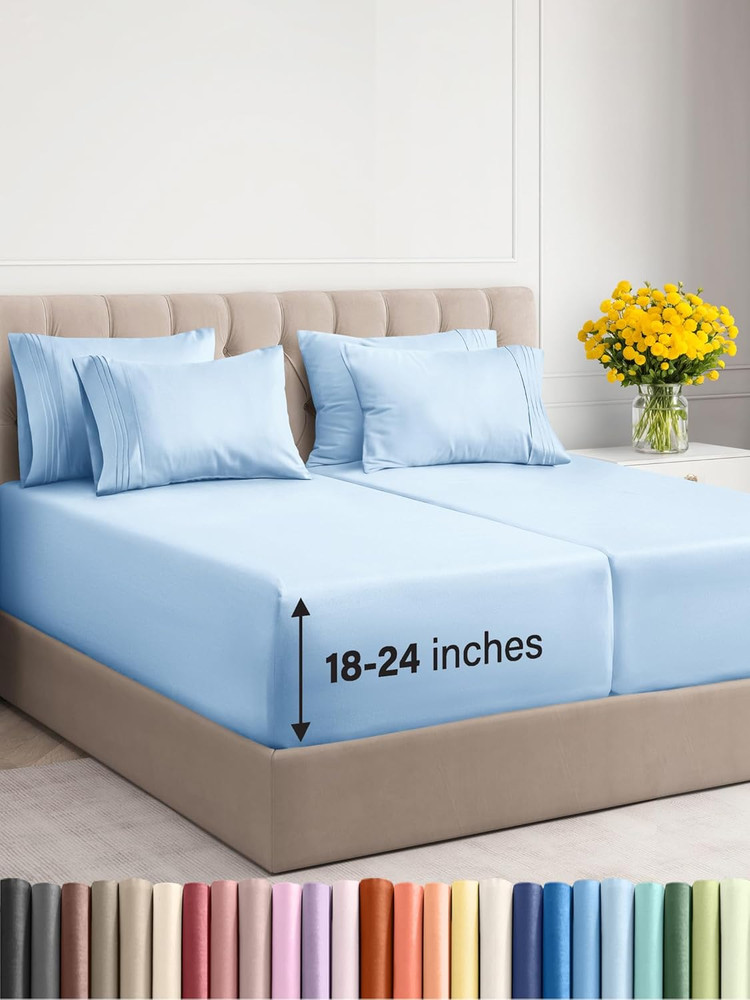 Cooling Extra Deep Split King Sheet Set - 7 Piece Luxury Bedding - Light Blue