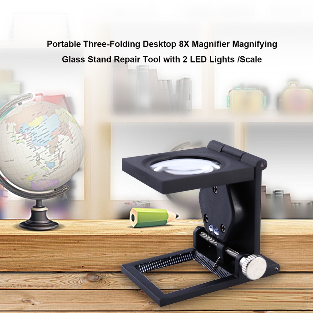 Portable Folding 8X Magnifier with 2 Bright LED Lights for Reading Maps