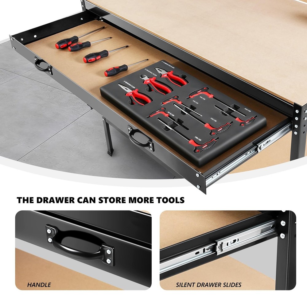 63" Workshop Table Workbench Steel Garage Tool Storage Drawer Shelves Pegboard