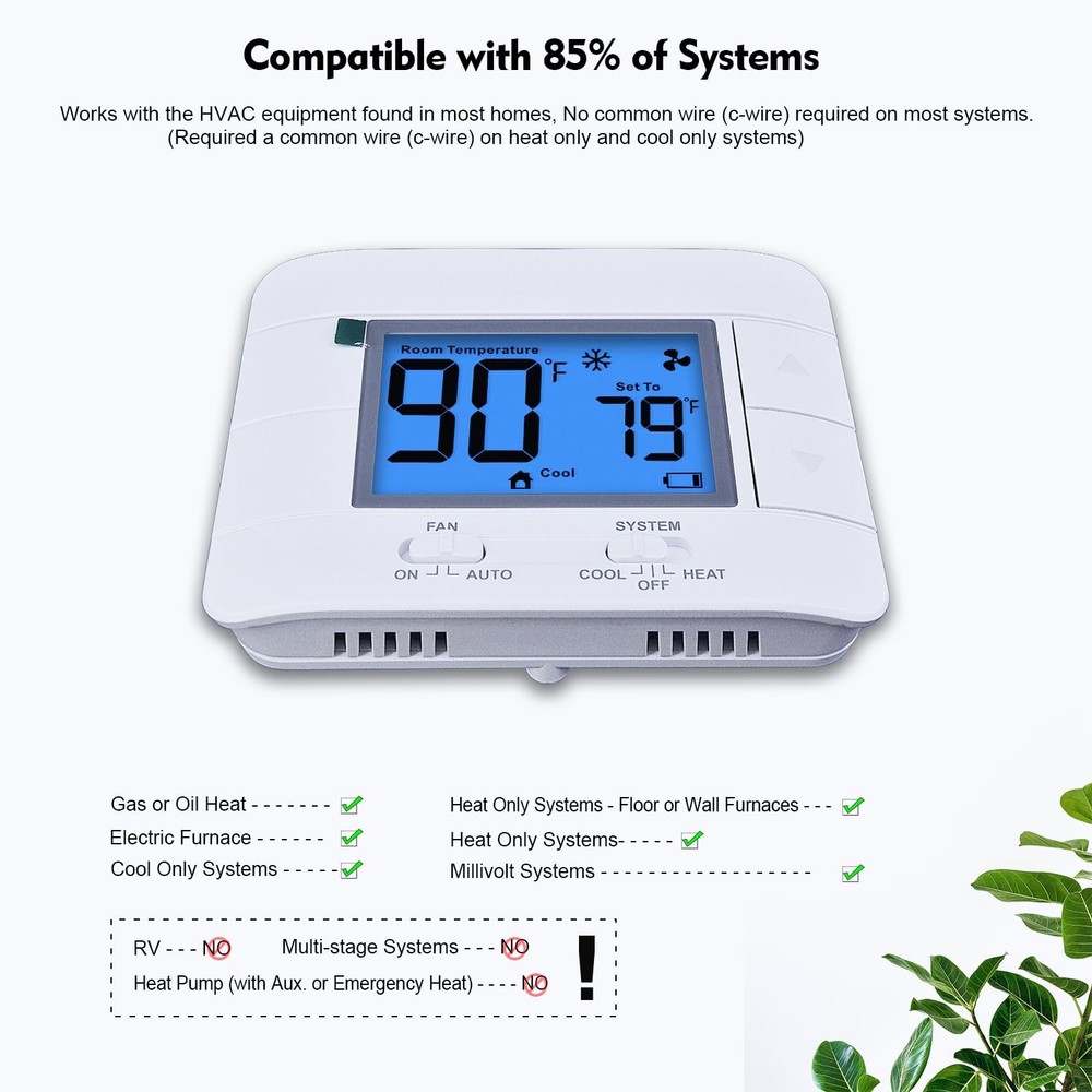 Non Programmable Thermostat for Home - Single Stage 1H/1C, Blue Backlight