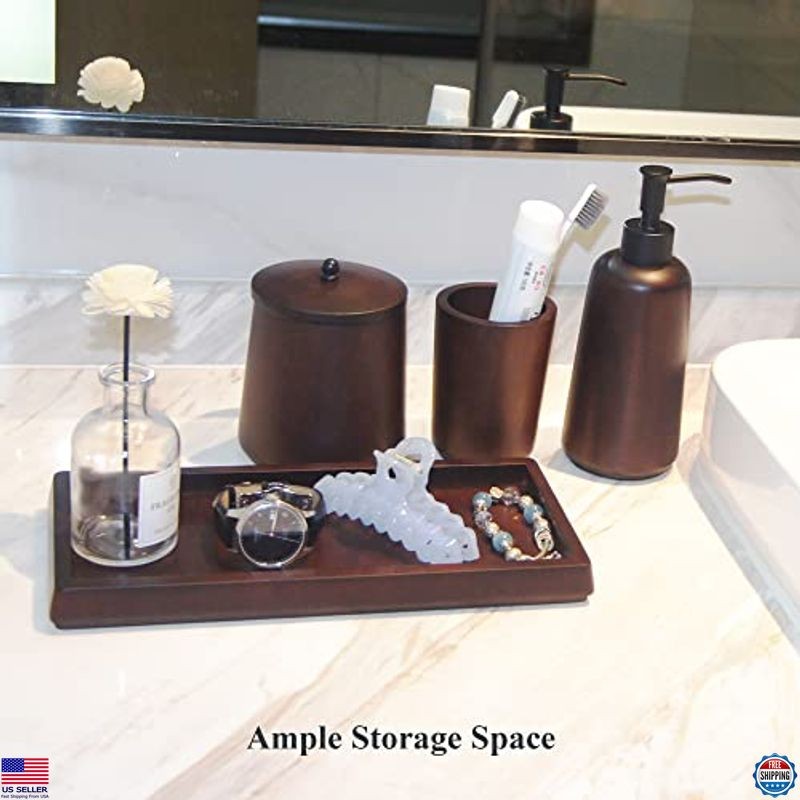 4-Piece Solid Acacia Wood Bathroom Accessory Set with Tray & Dispenser, Brown