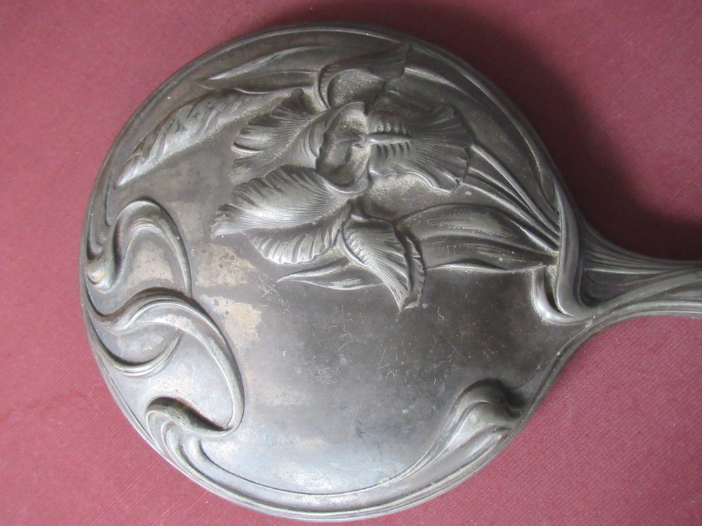 Vintage Silver Plated art nouveau Iris pattern Hand Mirror