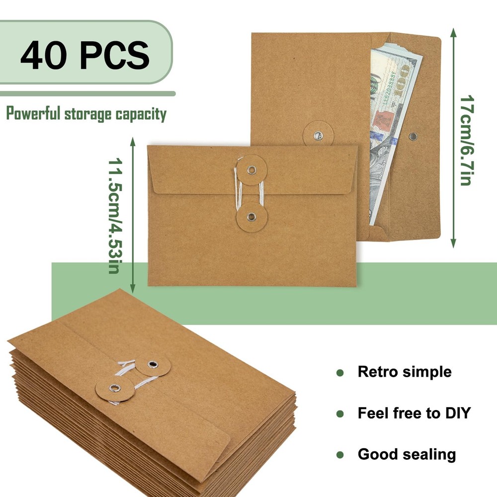 40 Pcs Kraft Paper Envelopes with String Tie Closure Project Pockets Document...