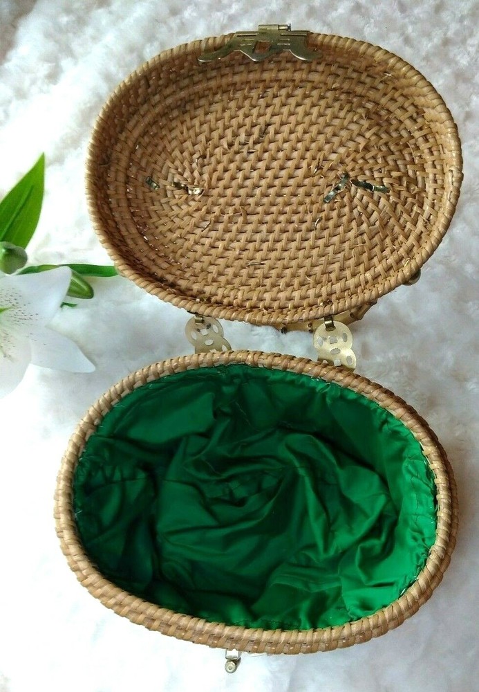 Brown Wicker Basket Handbag Purse Brass