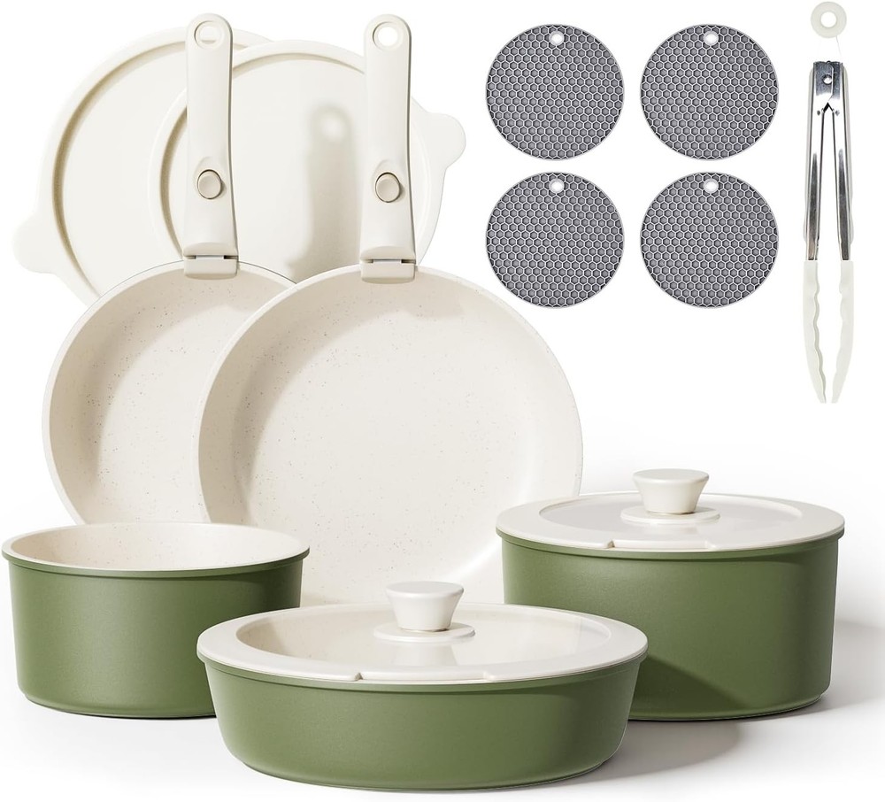 Detachable Nonstick Cookware Set Stackable Induction Pots & Pans W/ Removable