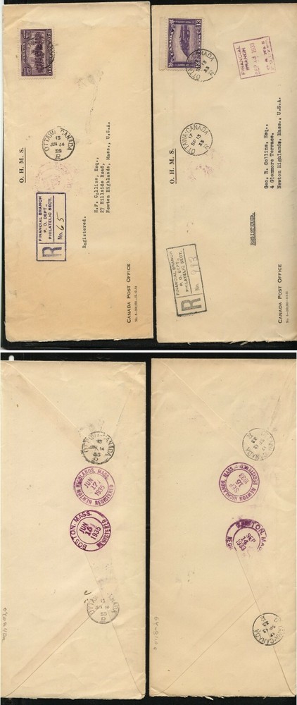 Canada  2  nice  registered  covers  to  US       MS0531