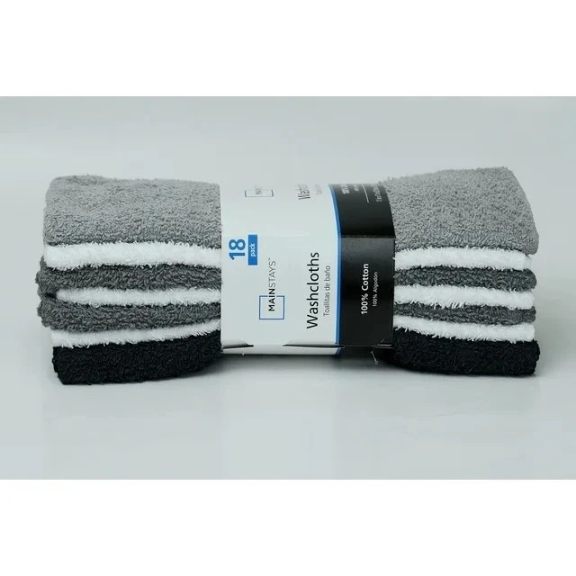 Mainstays 18-Pack Washcloth Bundle, Grey Multi