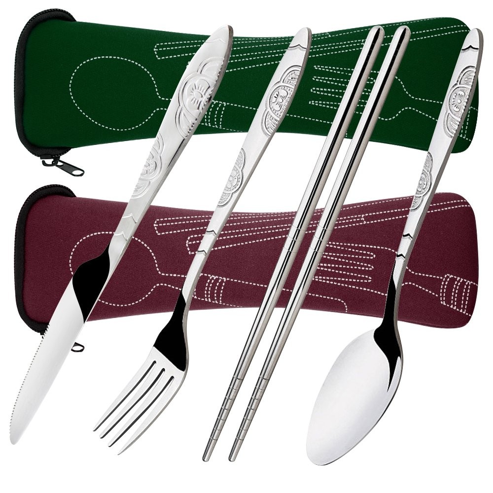 8 Pieces Flatware Sets Knife, Fork, Spoon, Chopsticks, 2 Pack Rustproof Stain...