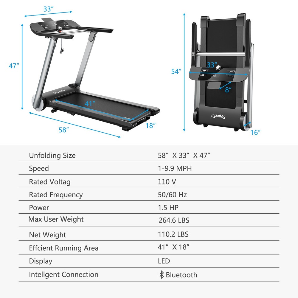 Superfit Electric Jogging Machine Folding Treadmill Bluetooth10 Preset Programs