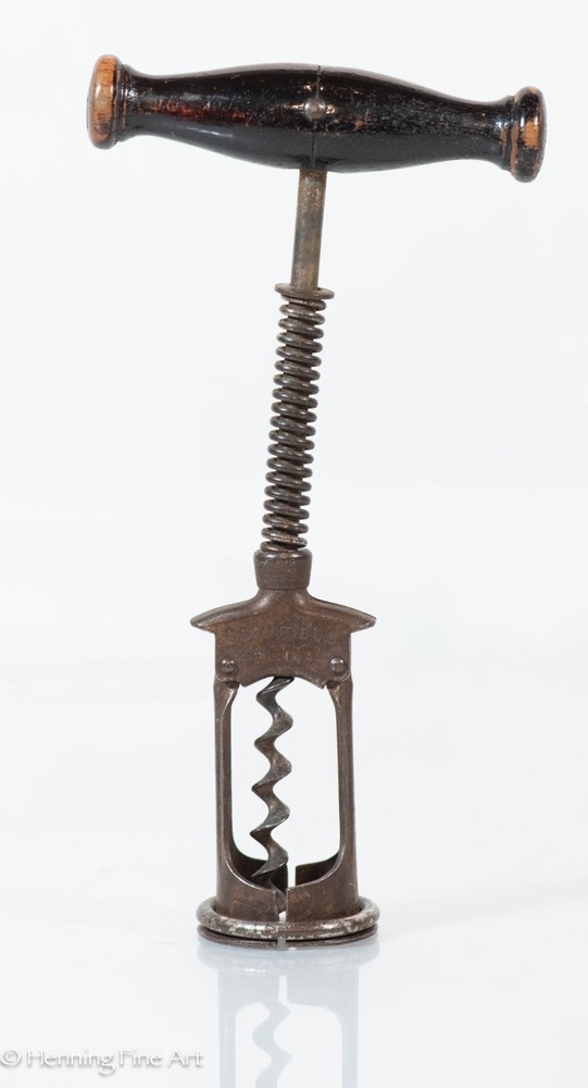 Antique Columbus Spring Assisted Corkscrew Split Barrel, Wood Handle