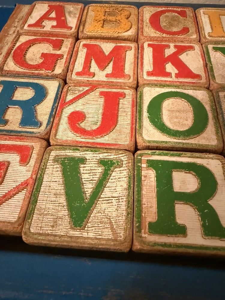Vintage 1960s Playskool Wooden Alphabet Blocks Wagon Pull Toy Complete