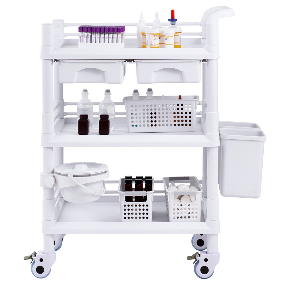 Rolling Lab Cart with 3 Trays & Trash Cans, Mobile Storage Trolley