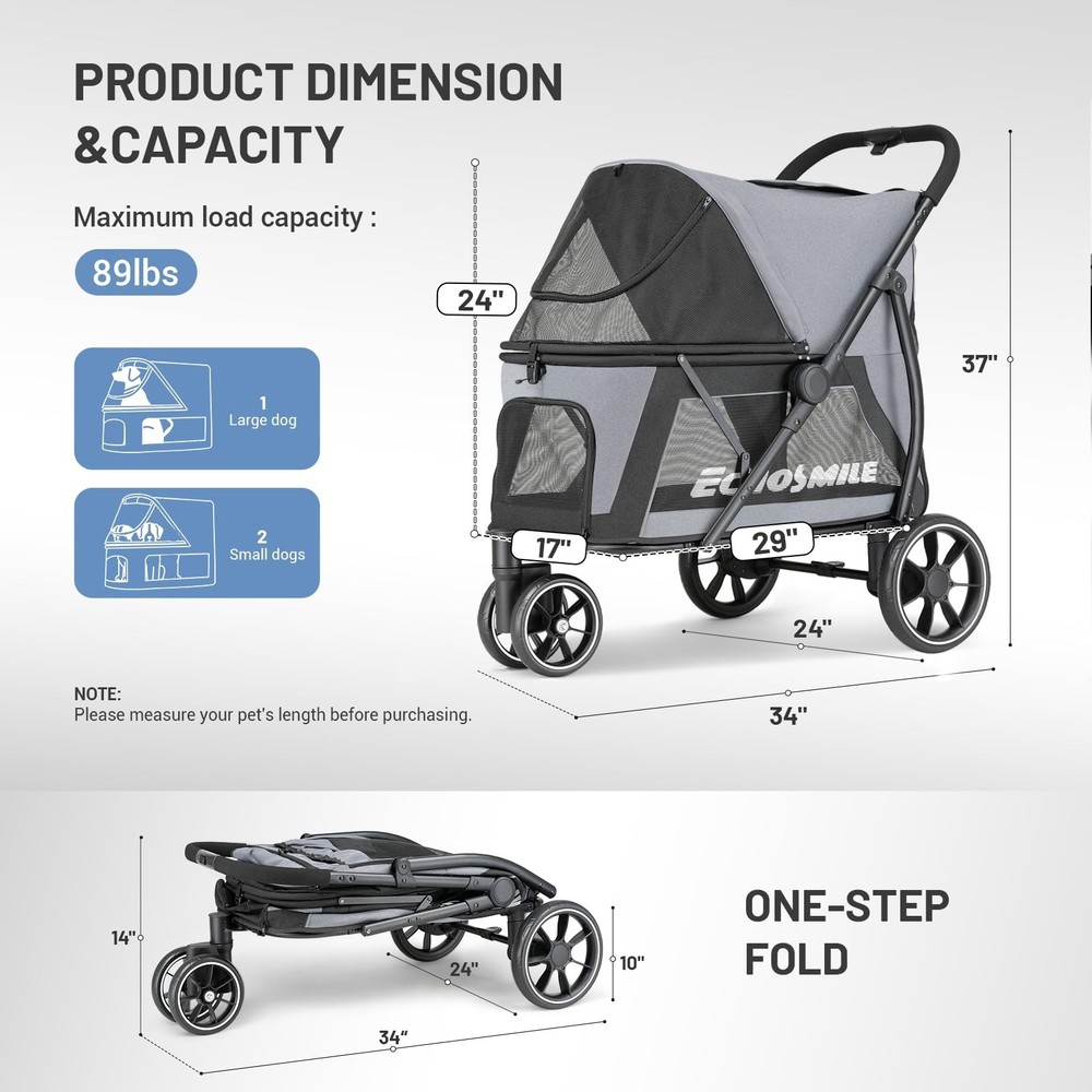 Dog Stroller for Medium & Small Dogs, Foldable Pet Stroller with 3 Wheels & B...