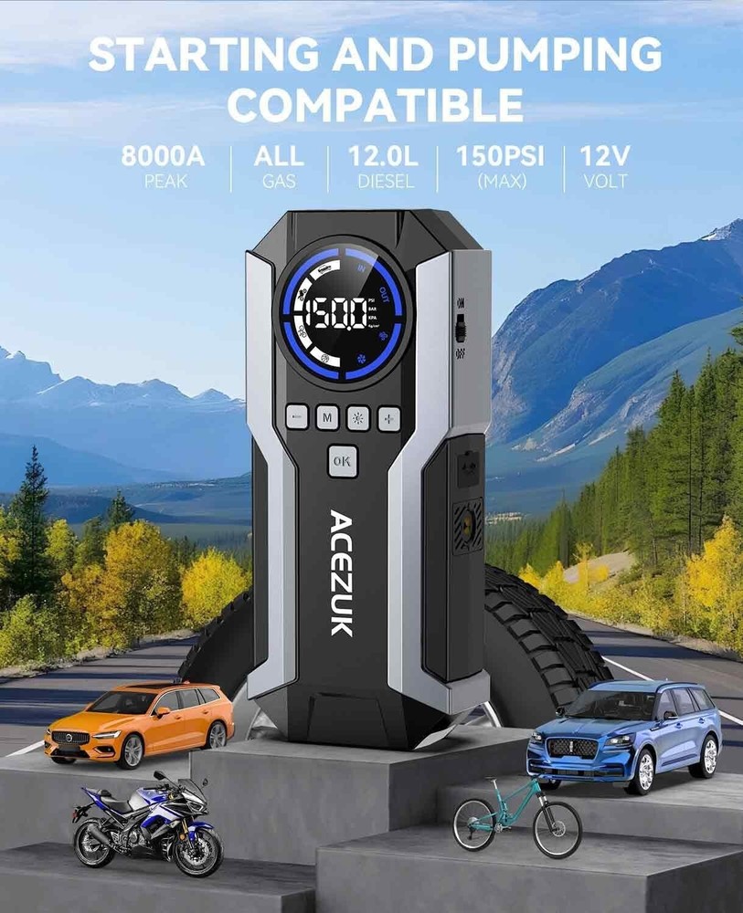 150PSI Car Jump Starter with Air Compressor, 12V Battery Jump Starters