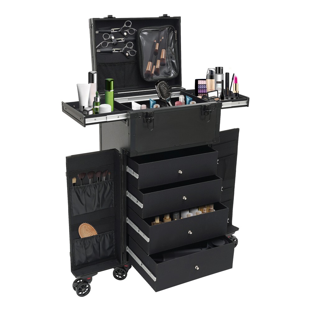 Rolling Makeup Train Case Cosmetic Trolley Travel Makeup Storage Organizer Black