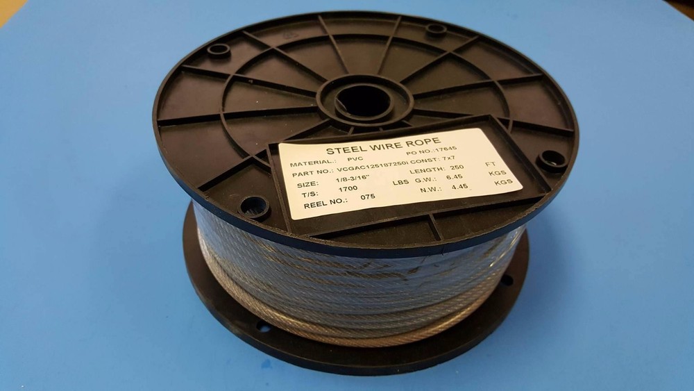 Vinyl Coated Wire Rope Cable 1/8" - 3/16" 250 Ft