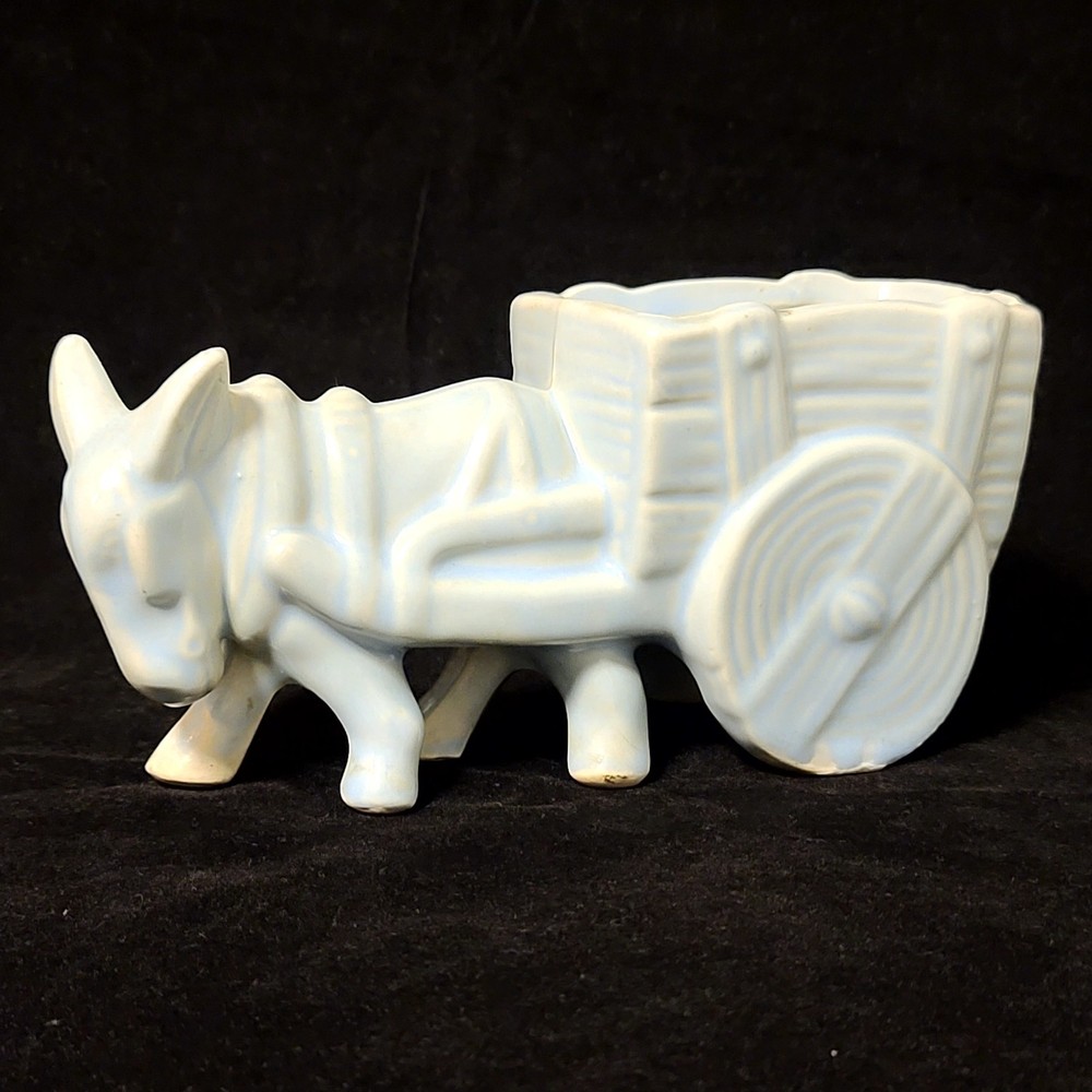 The Real McCoy Light Blue Donkey Pulling A Cart Planter USA