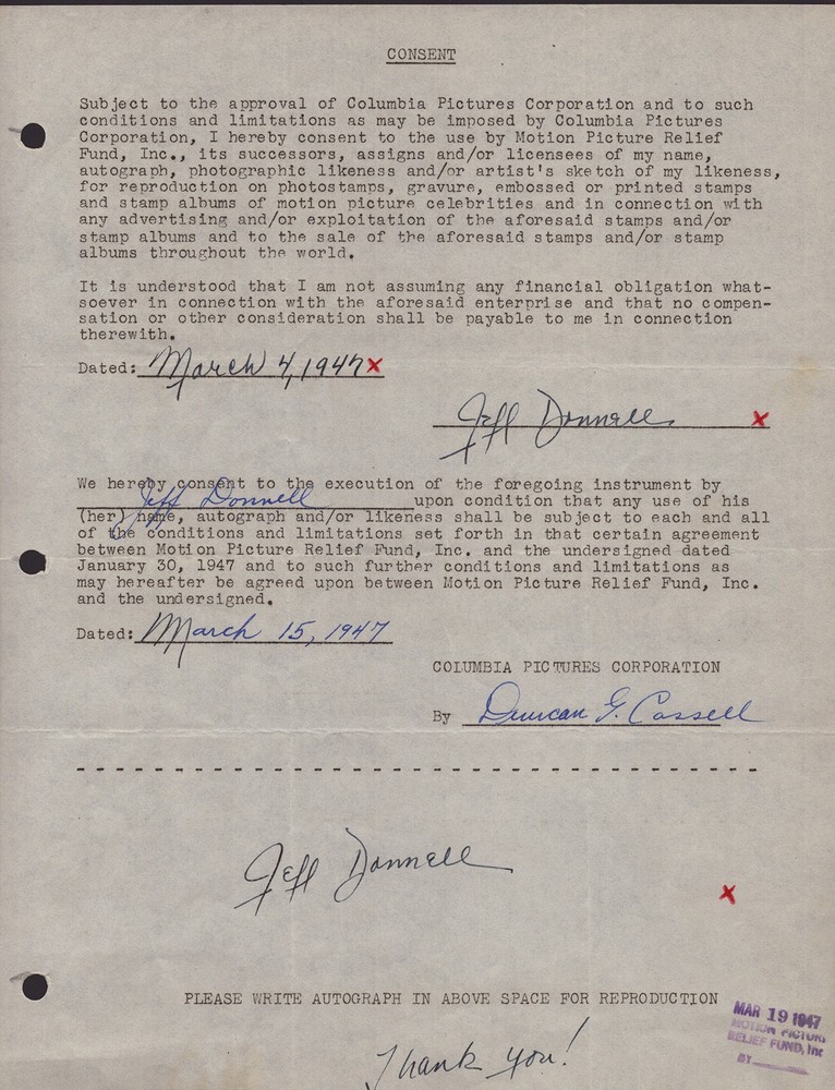 JEFF DONNELL - DOCUMENT DOUBLE SIGNED 03/04/1947
