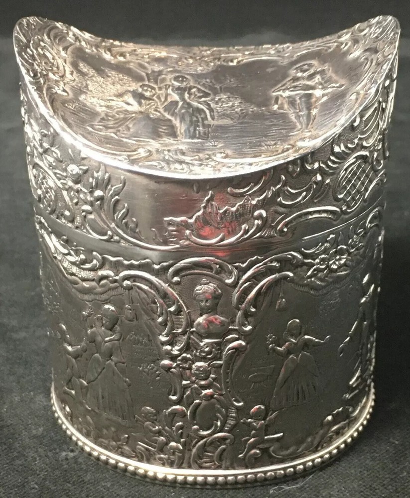 800 Silver Tea Caddy Hanau Germany Romantic Scenes Unusual Form 169 Gr