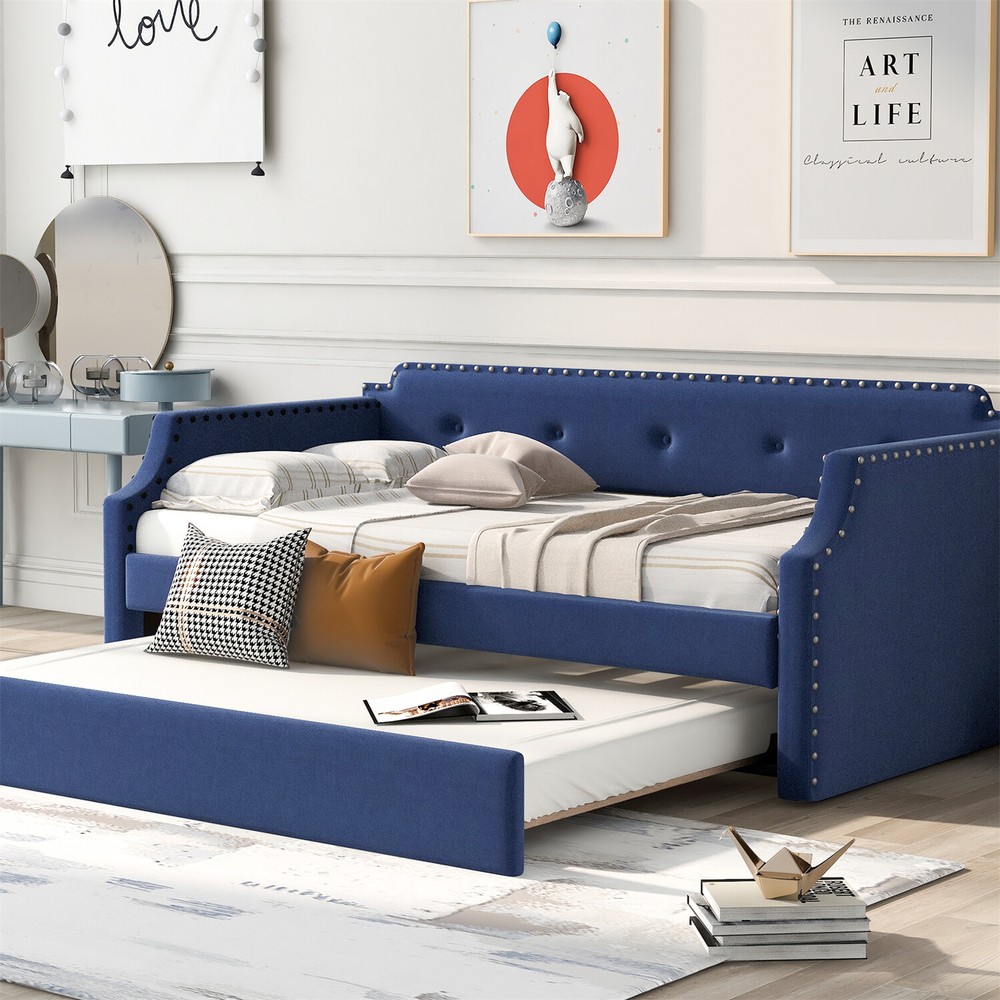 Twin Size Daybed w/ Pull-Out Trundle Bed Upholstered Bed Frame Sofa Bed Blue