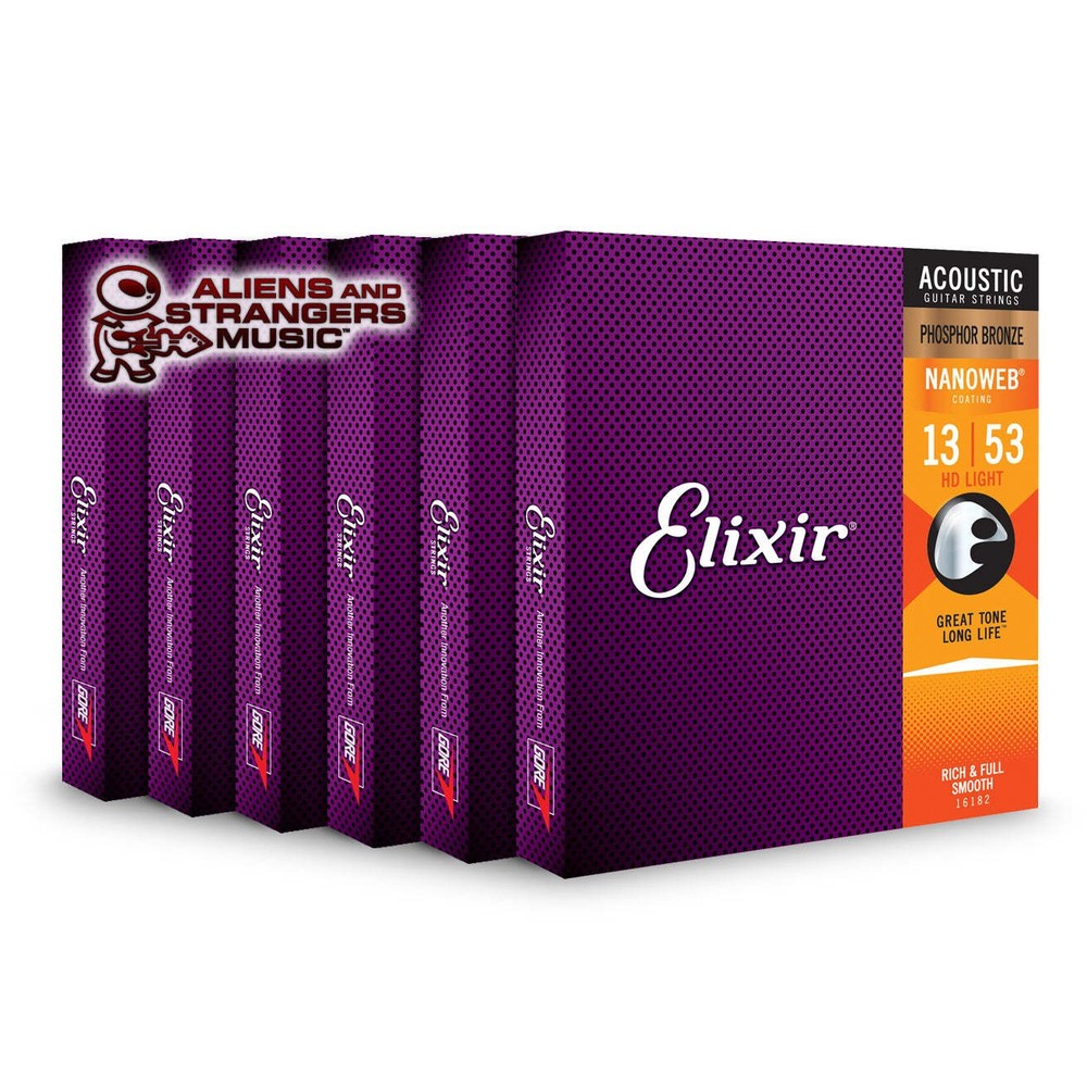 6 Sets! Elixir NANOWEB Phosphor Bronze Acoustic — 16182 HD Light .013-.053