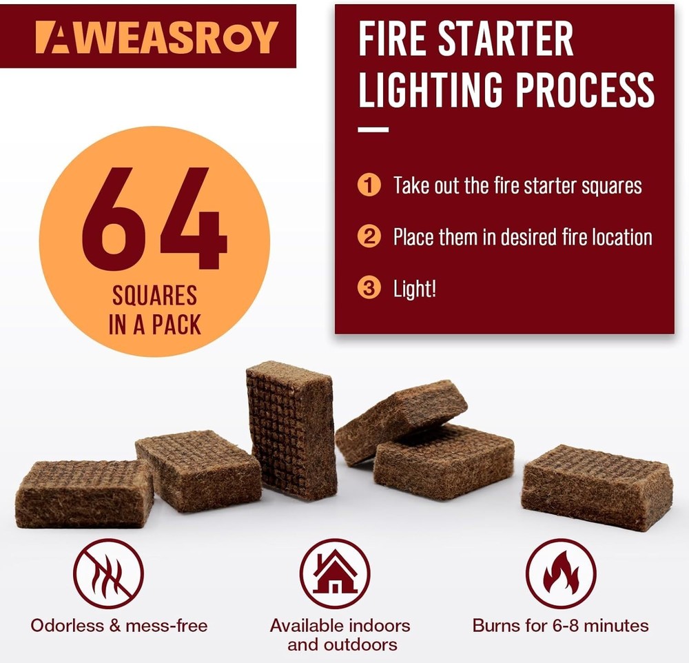 Portable 64-Pack Fire Starter Squares - Quick, Odorless Fire for BBQ & Camping