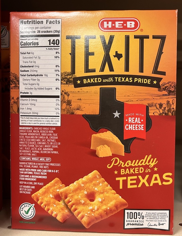 2 Pack HEB TEX-ITZ Cheddar Cheese Crackers Baked Snack Crackers 12.4oz Texas