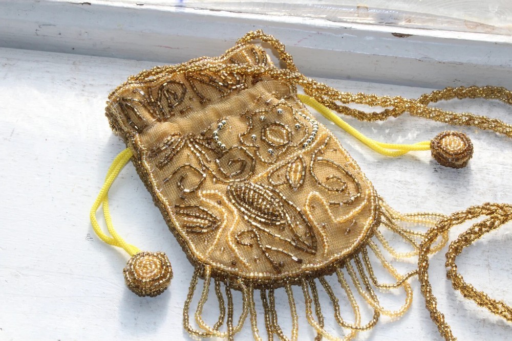 Vintage Boho Style Beaded Purse with Drawstring
