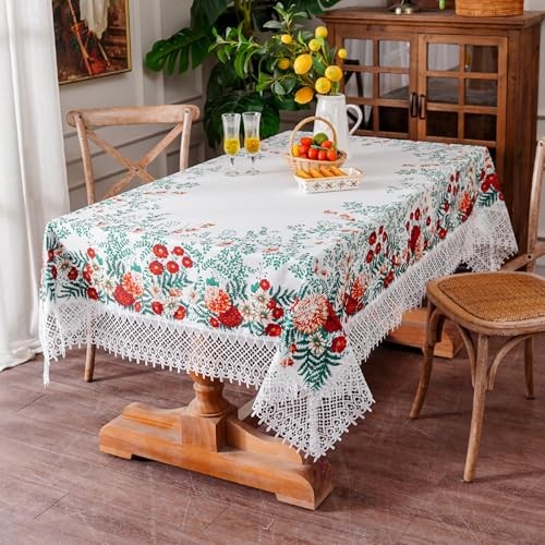 White Tablecloth Exquisite Embroidery Lace 70" x 52" (Rectangular) Floral Leaf