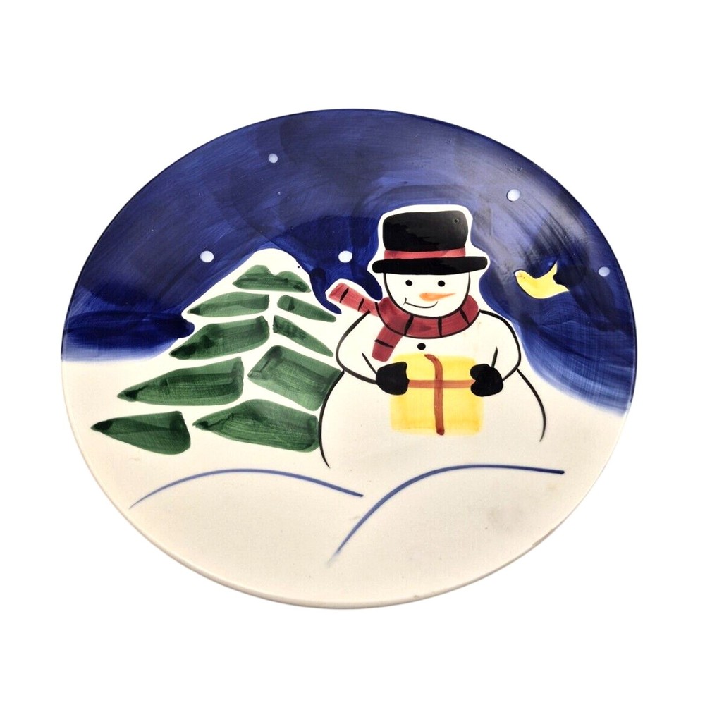 Festive Blue White Snowman Tree Christmas Serving Plate 10"