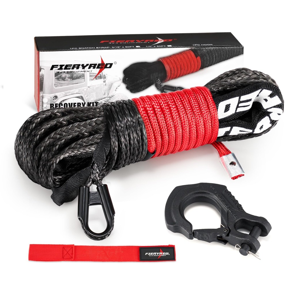 FIERYRED 1/4inch 50FT 9500LBS 1/4inx50ft, Black(with hook and strap)