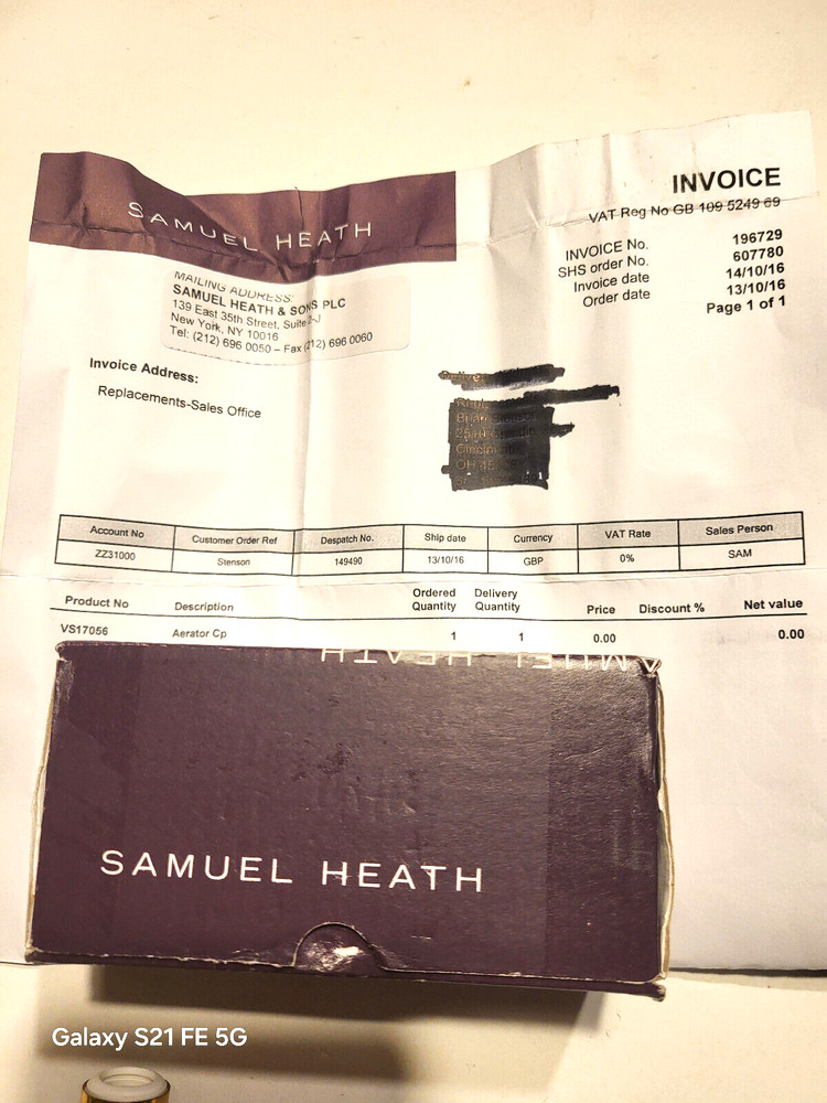 SAMUEL HEATH Aeraton Value & cap # VS17065 (New Open Box)