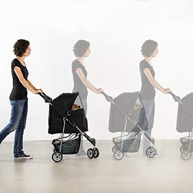 Foldable 3 Wheel Pet Stroller Large Capacity Mesh Windows Storage Basket Black
