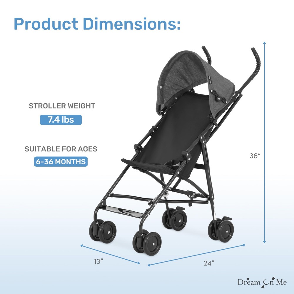 Dream On Me Aero Travel Light Stroller Compact Secure Smooth Ride Black