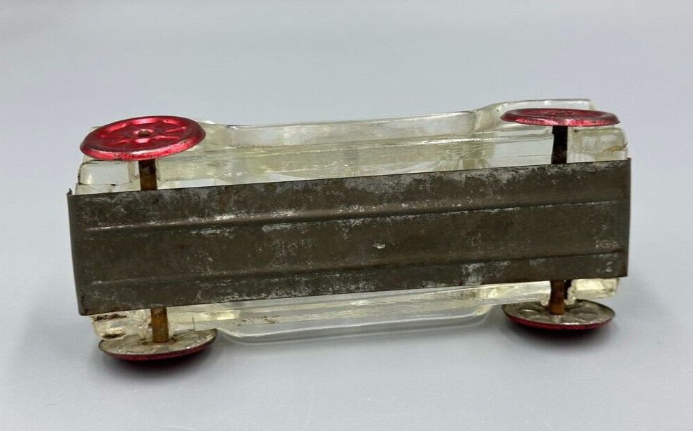 1914 FIRE ENGINE Stough Figural Glass CANDY CONTAINER Vintage E&A 223 Tin Wheels