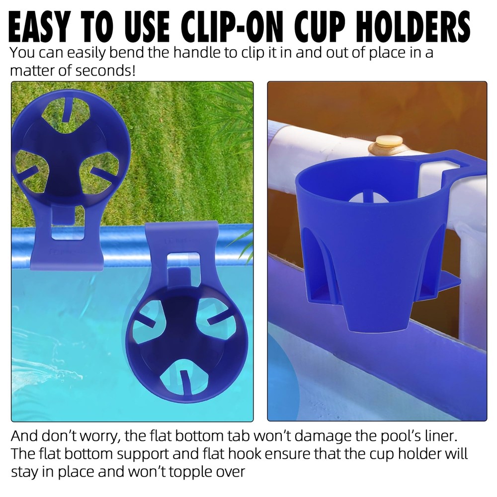 6-Pack Blue Poolside Cup Holders Compatible with Above Ground Pools with 2 In...