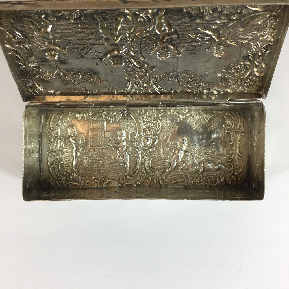 Antique German Hanau Pseudo Embossed Cherubs Playing Solid Silver Box 12cm Wide