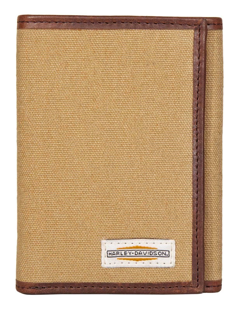 Harley-Davidson Men's Patch Cotton Canvas & Leather Tri-Fold RFID Wallet - Khaki