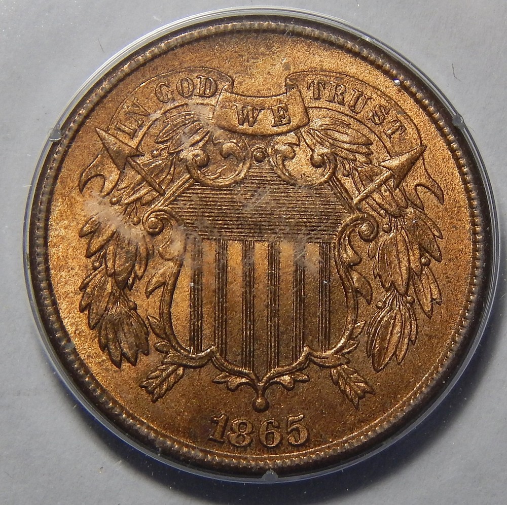 1865 OLD PCGS RATTLER HOLDER MS65RD TWO-CENT PIECE