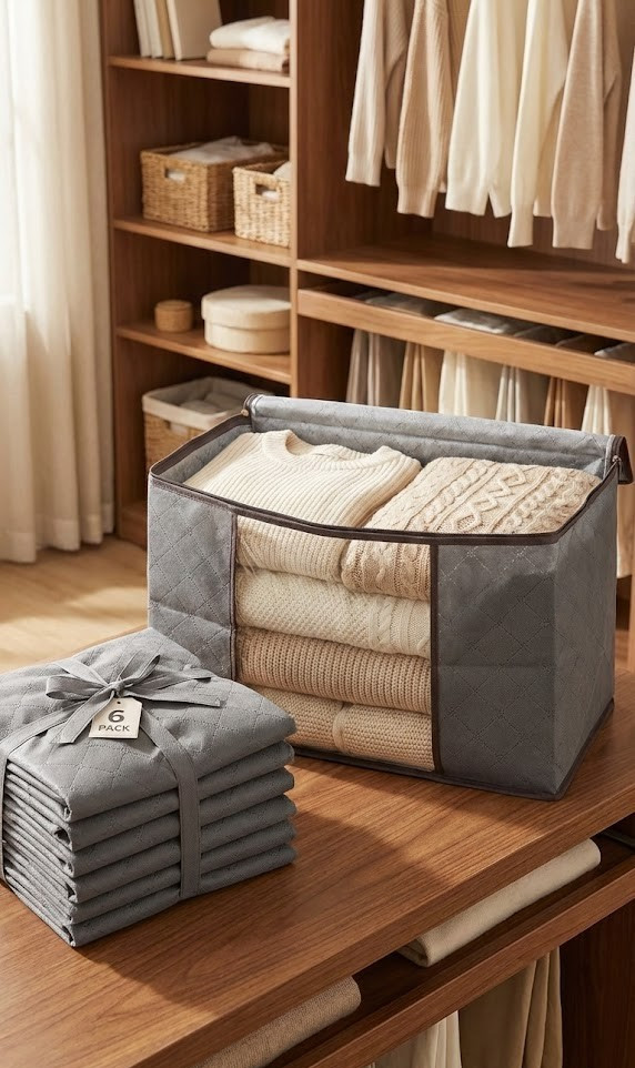 6 Pack Grey Fabric Storage Containers 24"x13" - Underbed Closet Organizer