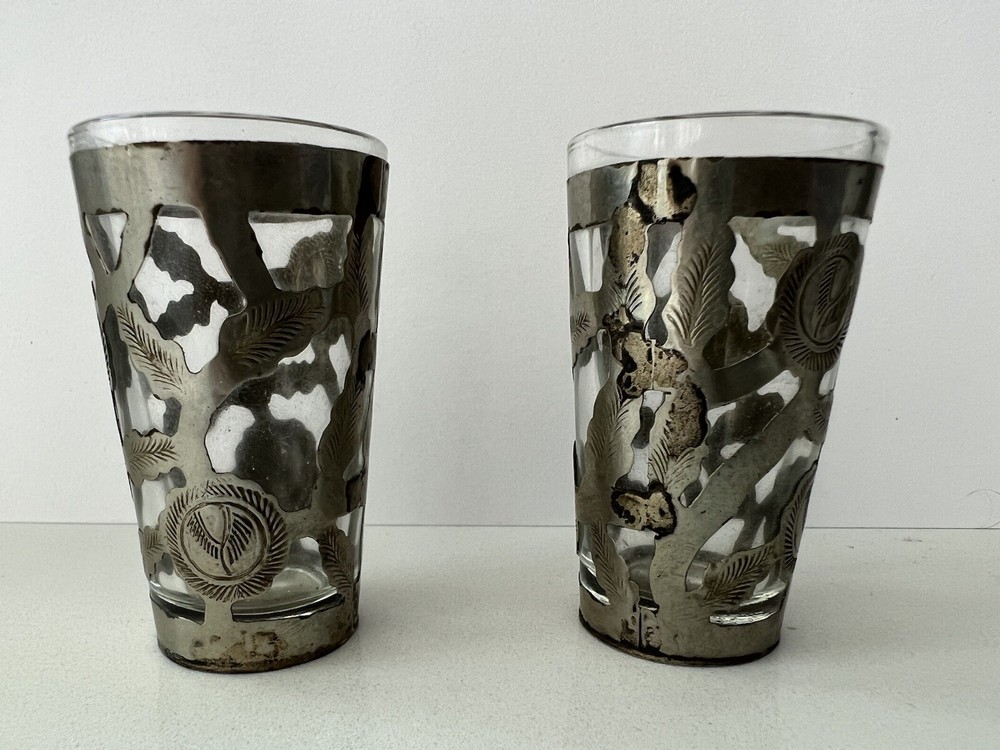 Vintage Hand-Tooled Mexican 925 Silver Openwork Shot Glasses X 2