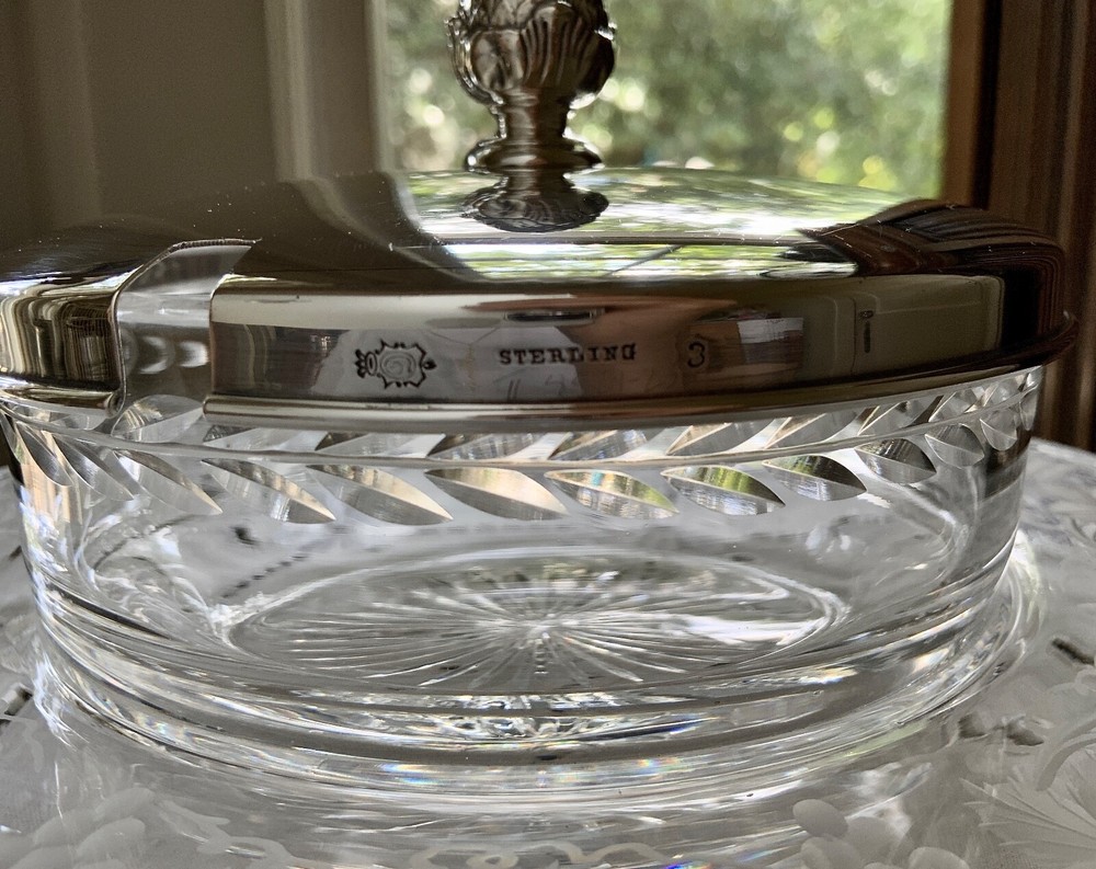 WM.DURGIN STERLING SILVER & PAIRPOINT ENGRAVED GLASS CRACKER CHEESE PLATE C.1905