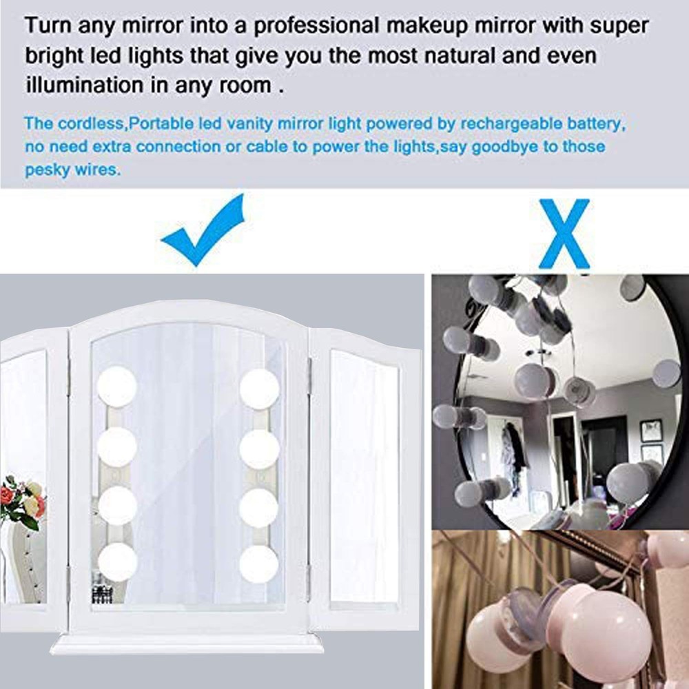 Cordless Rechargeable Vanity Mirror Light with Daylight Bulbs for Bathroom Ma...