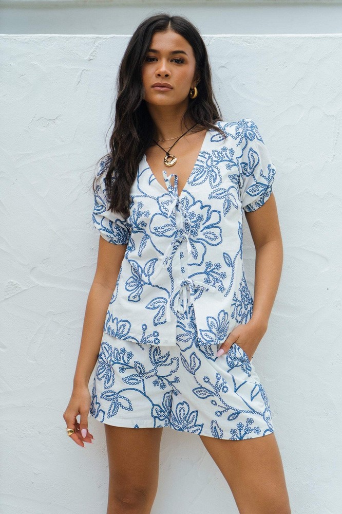 White Textured Floral Print Shorts