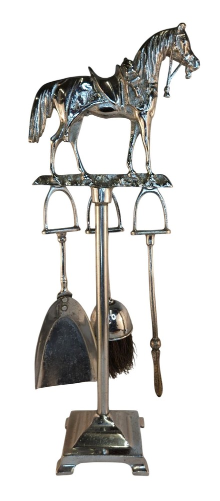 Vintage Chrome Horse Tabletop Equestrian Themed Fireplace Tool Set