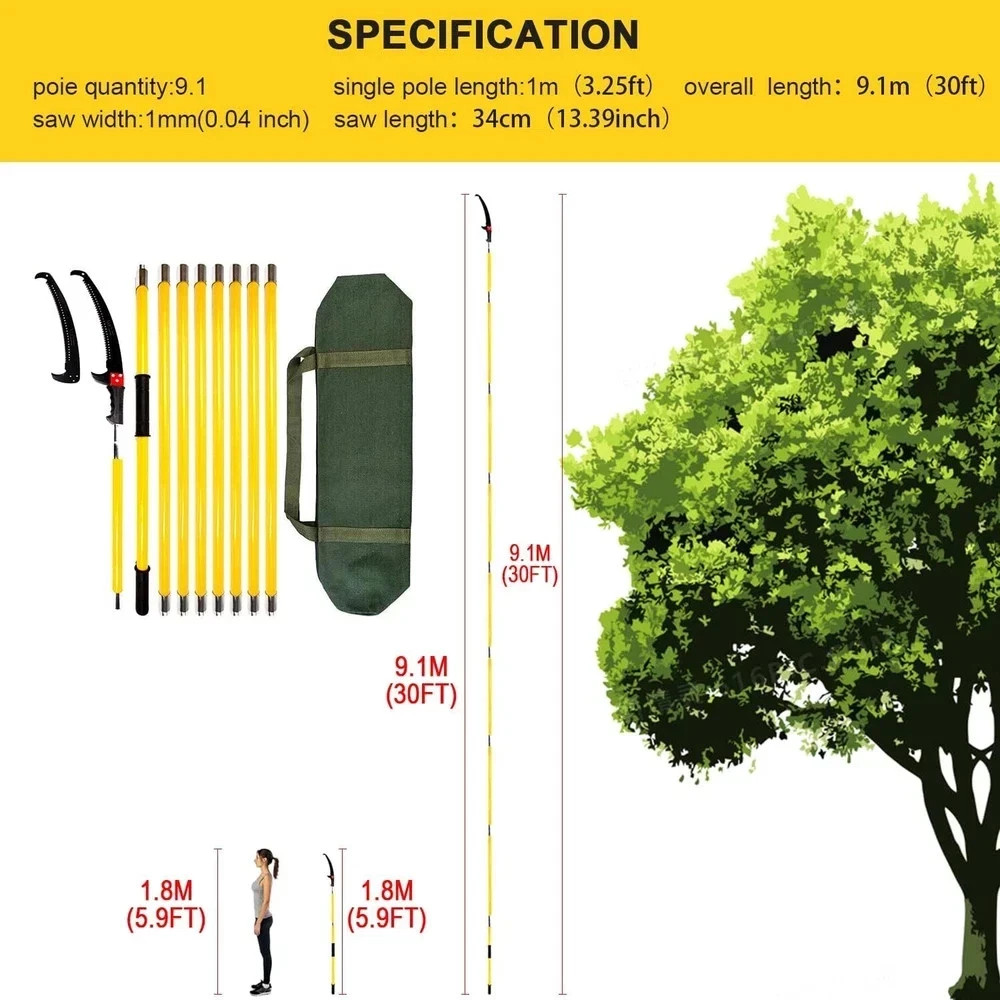 30 Feet Tree Pole Pruner, Durable Trimmers Handle, Manual Yellow