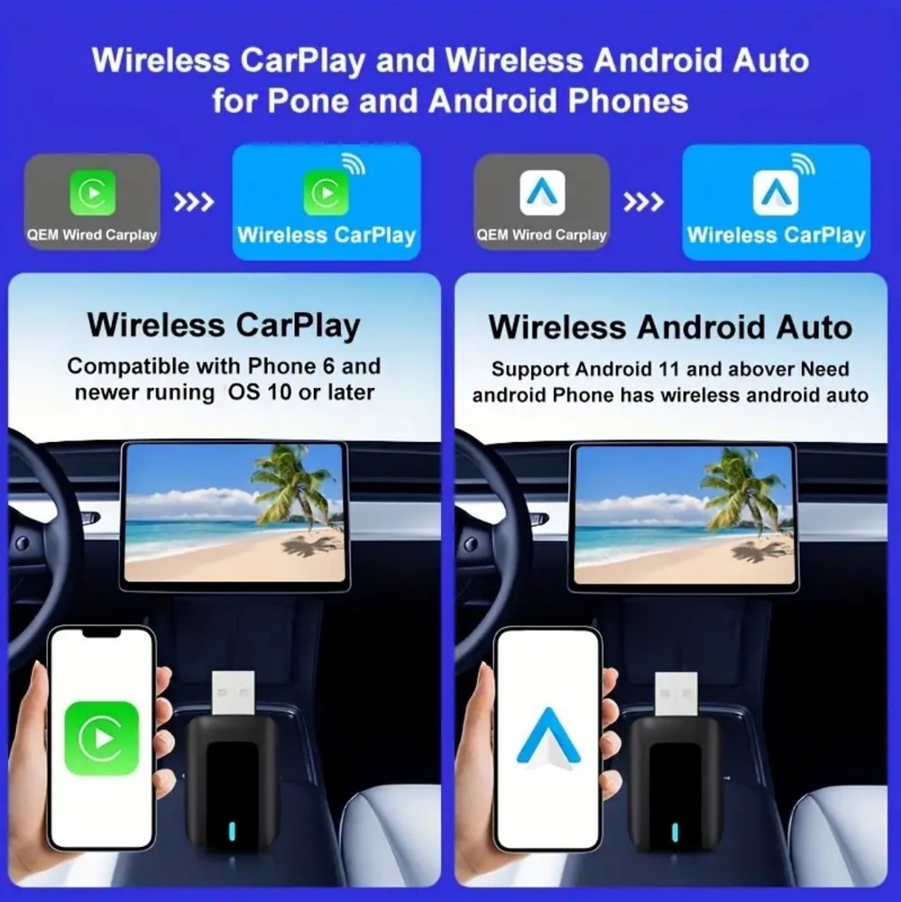 Wired to Wireless CarPlay Adapter /Android Auto Adapter Plug & Play 2-in-1