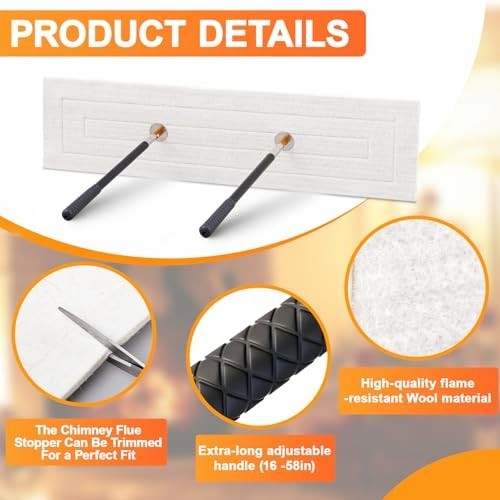 Wool Fireplace Draft Stopper with Adjustable Pole - Chimney Flue Seal Tool 24x8"