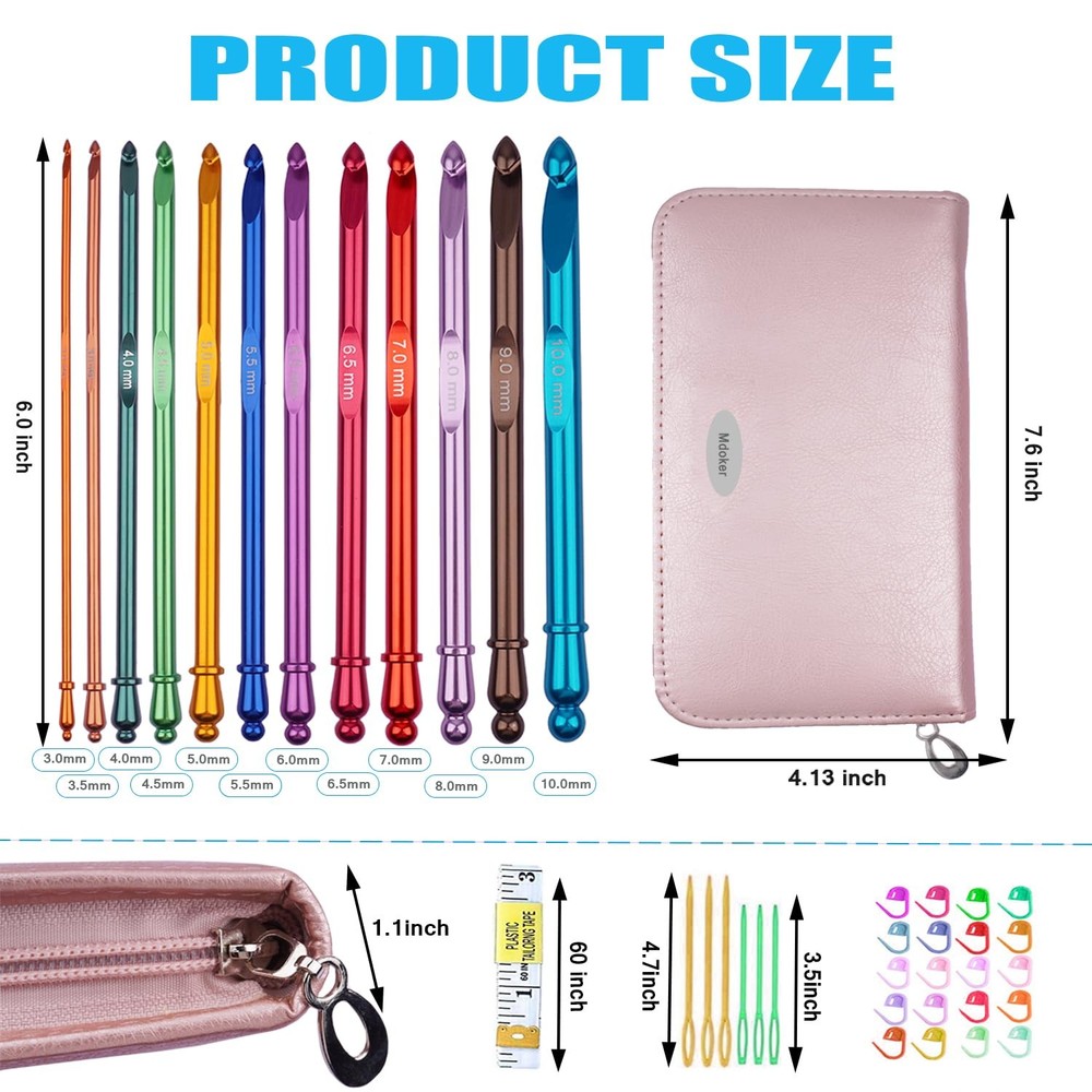 Inline Crochet Hook Set With Case Aluminum Ergonomic 3mm-10mm Non Slip Handle
